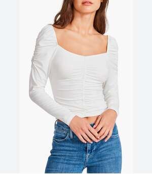 BB Dakota by Steve Madden Ruched Sweetheart Neck Long Sleeve Crop Top in Ivory S
